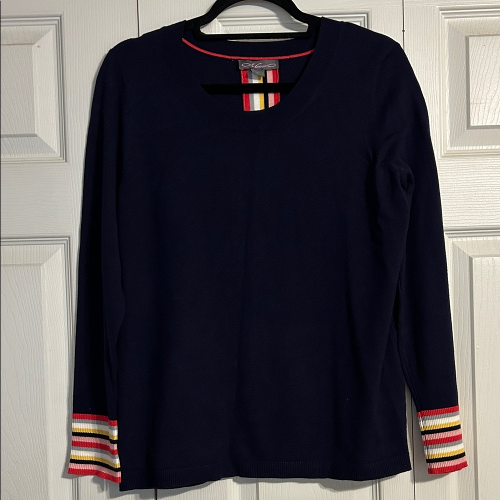 MERRICH Size Large Crewneck Navy Rainbow Sweater Multicolor Stripe Cuff Coastal